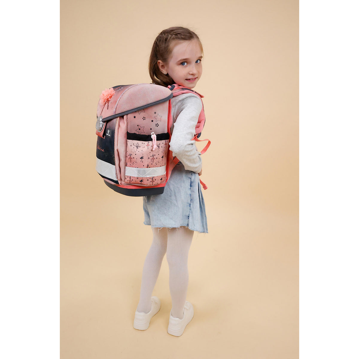Beautiful illustration of the Belmil Ergonomic School Bag Set for Girls “Ballerina Black Pink” Design + Unicorn Raincoat – 4-Piece Back-to-School Bundle with a ballerina print.