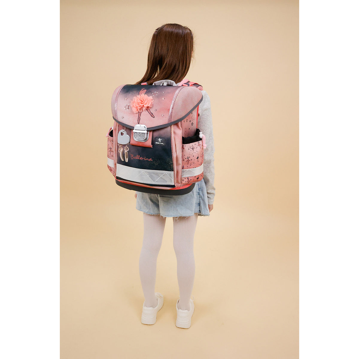 Close-up of the Belmil Ergonomic School Bag Set for Girls “Ballerina Black Pink” Design + Unicorn Raincoat – 4-Piece Back-to-School Bundle showcasing the ergonomic design features.