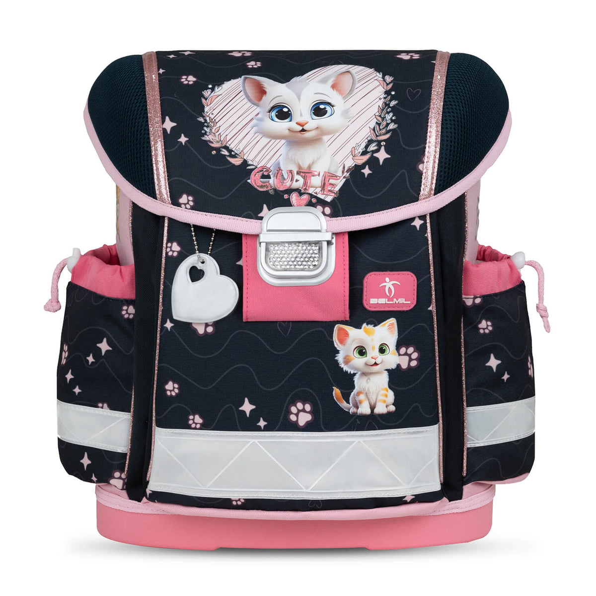 Showcasing the multiple compartments of the Classy Cute Kitten ergonomic school bag set for girls by Belmil.