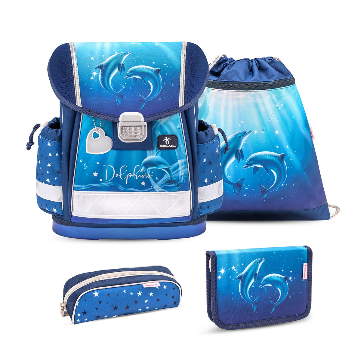 Classy Dolphins schoolbag set 4 pcs featuring an ergonomic design, ideal for first graders, from Belmil, perfect for girls.