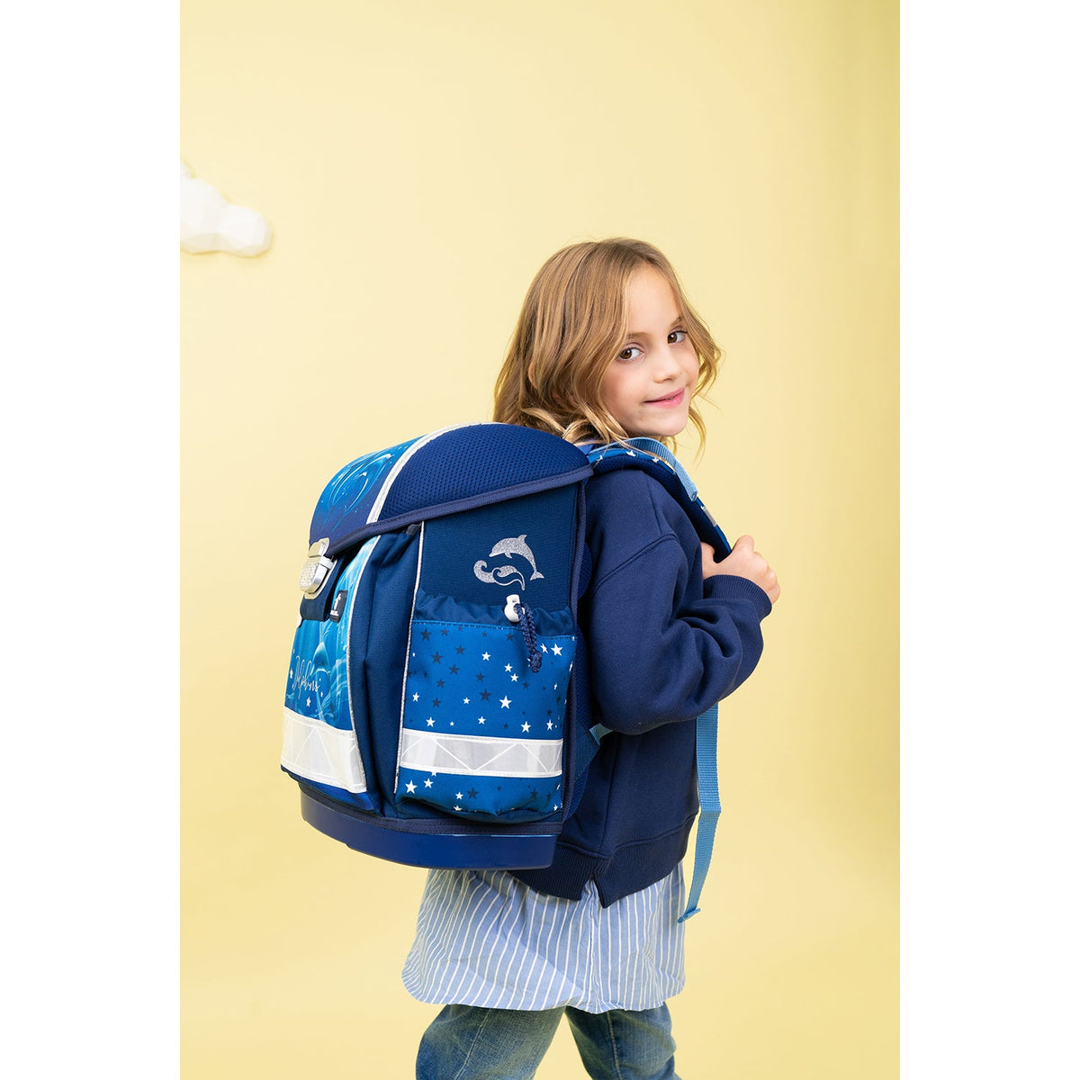 Ergonomic School Bag Set for Girls – Belmil Classy Dolphins (4 pcs) includes comfortable shoulder straps and a trendy dolphin pattern.