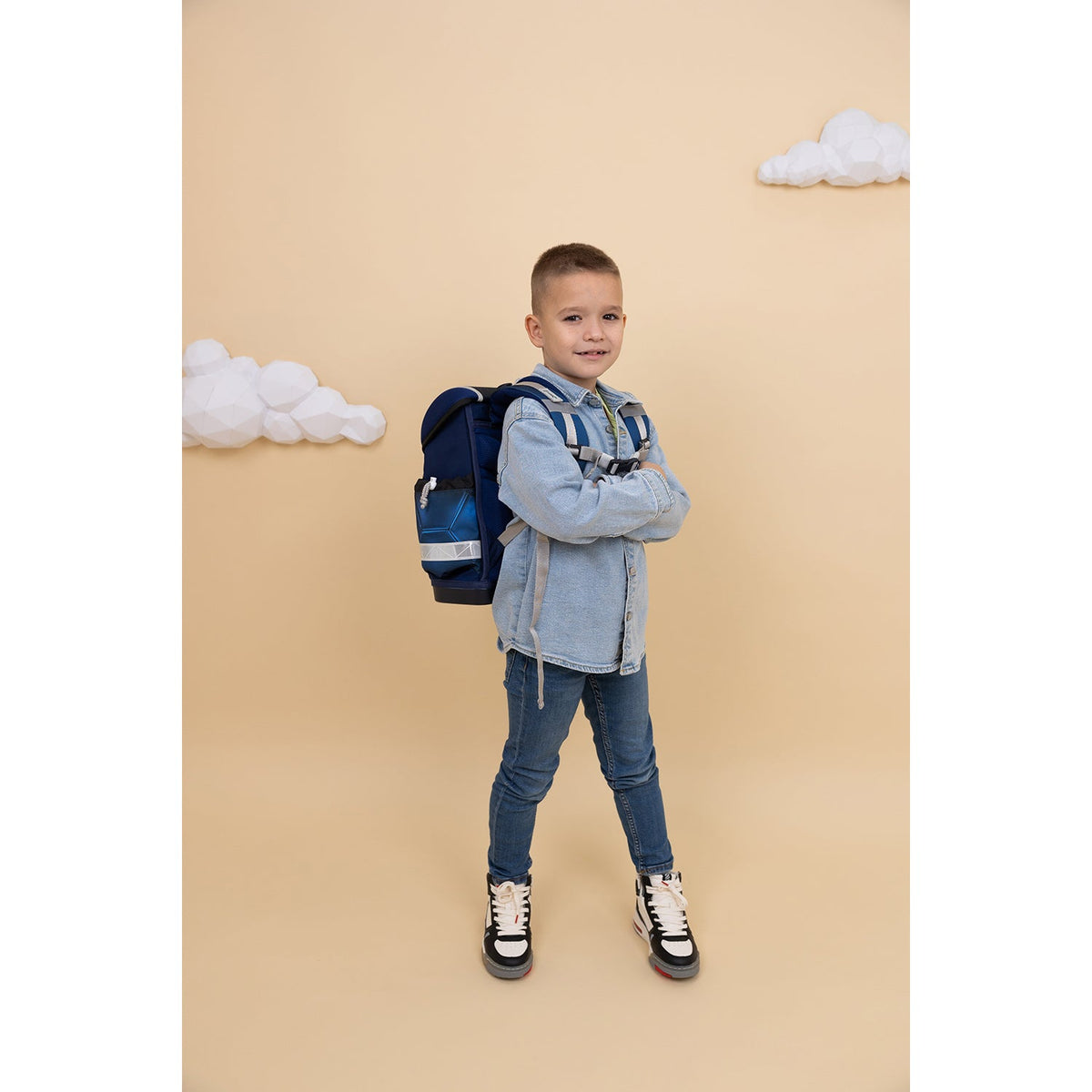 Ergonomic School Bag Set for Boys– Belmil Classy Football 4 (4 pcs) with a stylish football design in deep blue and shiny silver patterns.