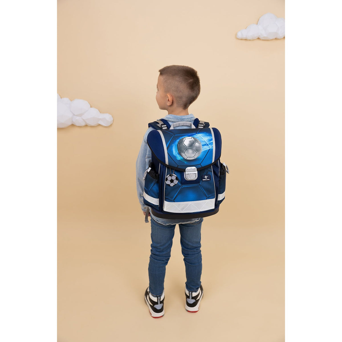 Belmil Classy Ergonomic School Bag Set for Boys “Football 4” Design + Dinosaur Raincoat – 5-Piece Back-to-School Bundle