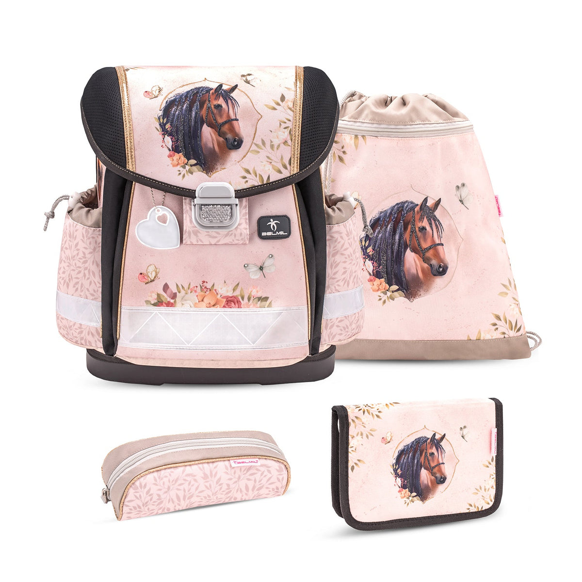 Classy Horse Chestnut schoolbag set 4 pcs featuring ergonomic design and trendy patterns, perfect for first graders, Ergonomic School Bag Set for Girls – Belmil Classy Horse Chestnut (4 pcs).
