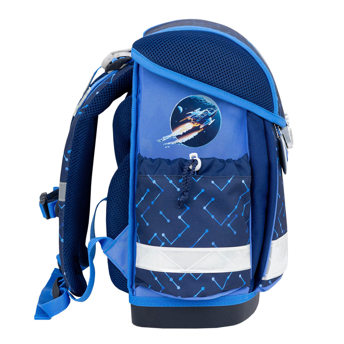 4-piece set including Ergonomic School Bag Set for Boys– Belmil Classy Navy Blue Tech (4 pcs) with gym bag and pencil cases.