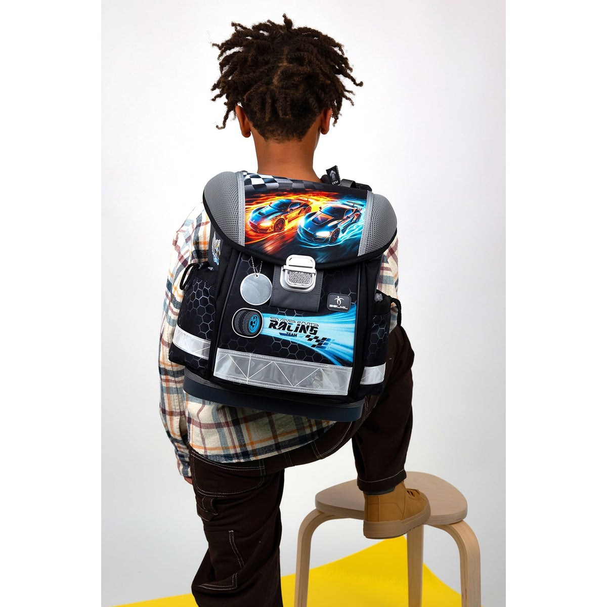 Belmil Classy Ergonomic School Bag Set for Boys “Race it” Design + Dinosaur Raincoat – 5-Piece Back-to-School Bundle