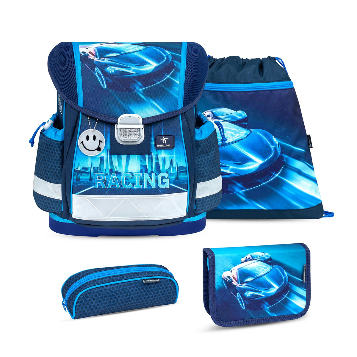 Ergonomic School Bag Set for Boys– Belmil Classy Racing Blue Neon (4 pcs) showcasing the stylish design with electric blue sports car.