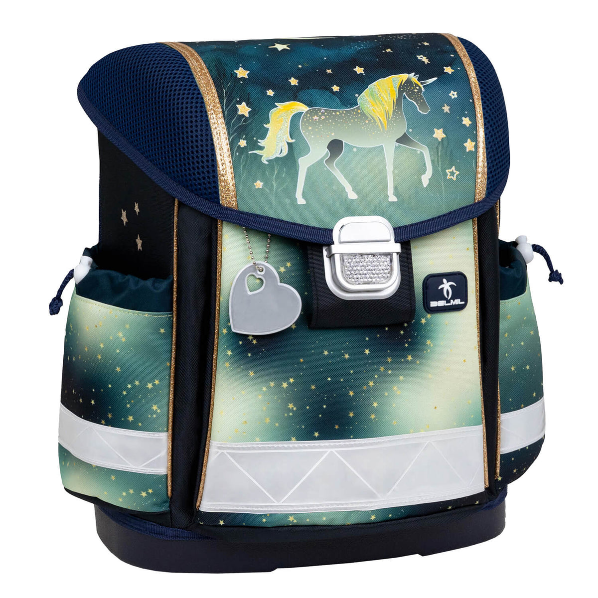 Inside view of the Ergonomic School Bag Set for Girls – Belmil Classy Sparkling Unicorn (4 pcs) showing spacious compartments.