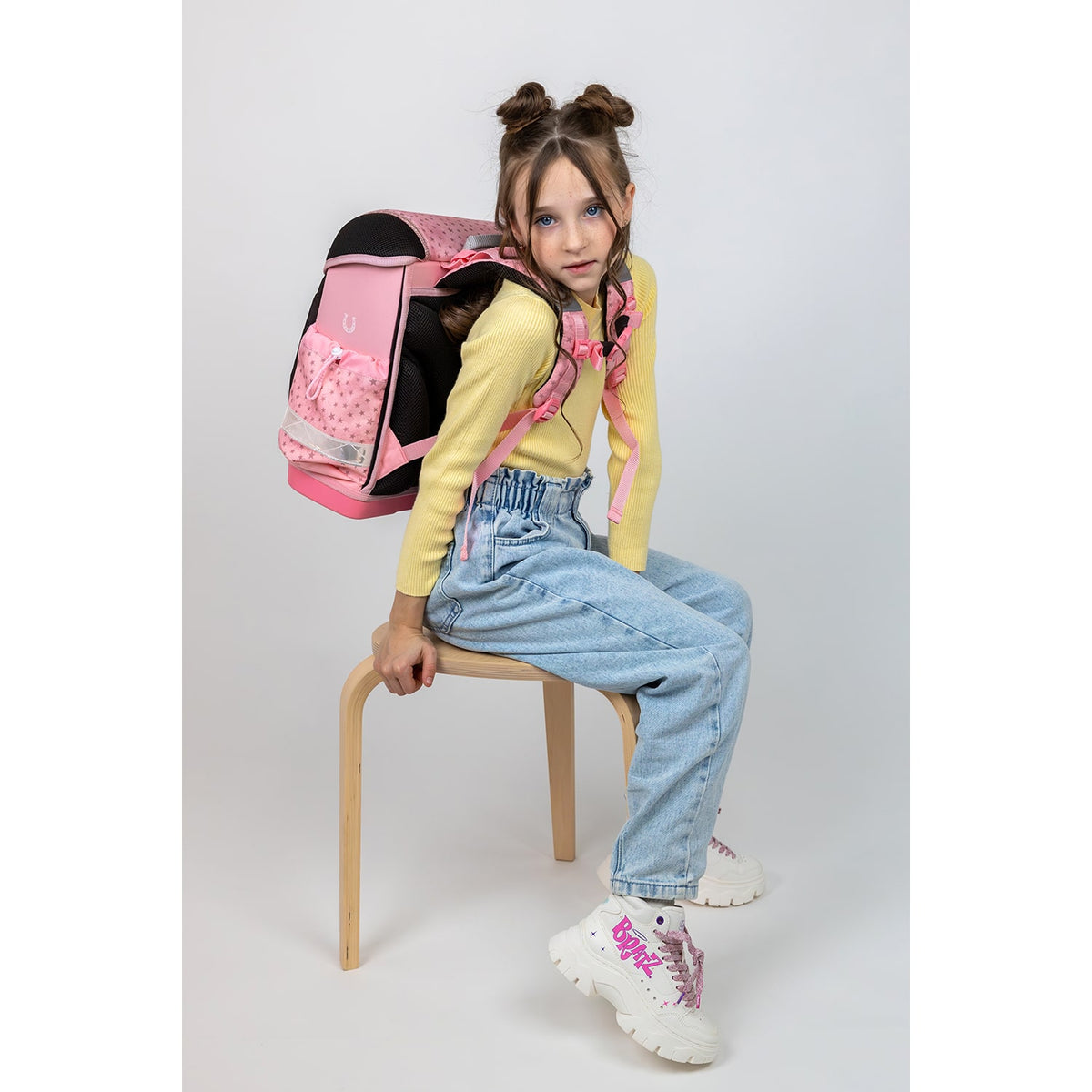 Image of the complete Ergonomic School Bag Set for Girls – Belmil Classy Star Horses (4 pcs) including the school bag, drawstring gym bag, and pencil cases.