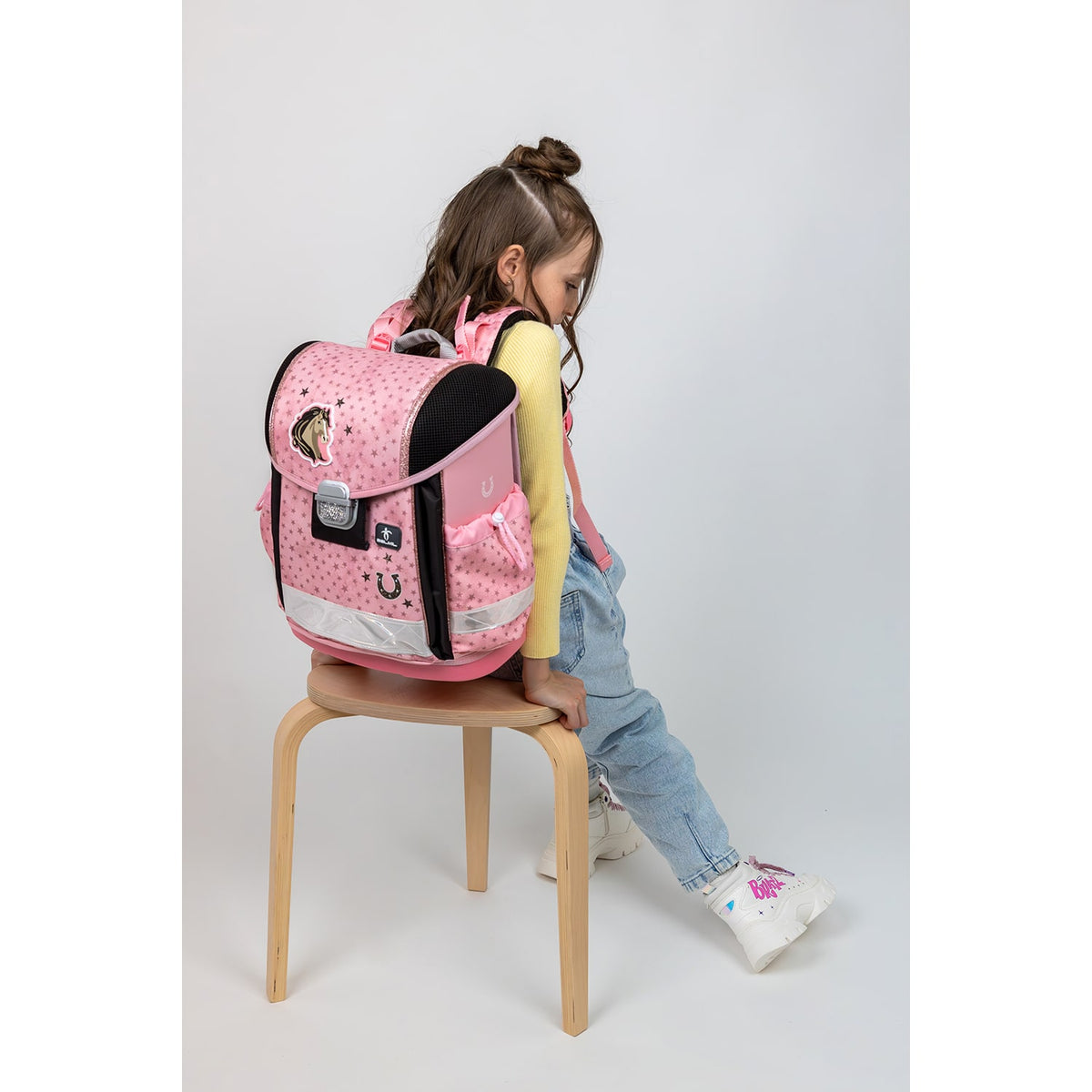 Side view of the Ergonomic School Bag Set for Girls – Belmil Classy Star Horses (4 pcs) highlighting the padded shoulder straps and breathable back padding.
