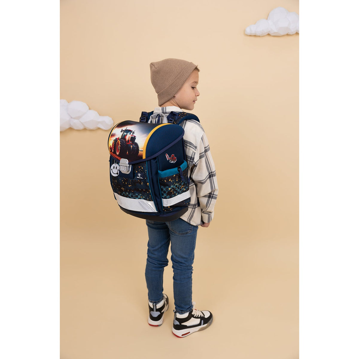 Ergonomic School Bag Set for Boys– Belmil Classy Tractron (4 pcs) featuring the ergonomic design details and padded shoulder straps.