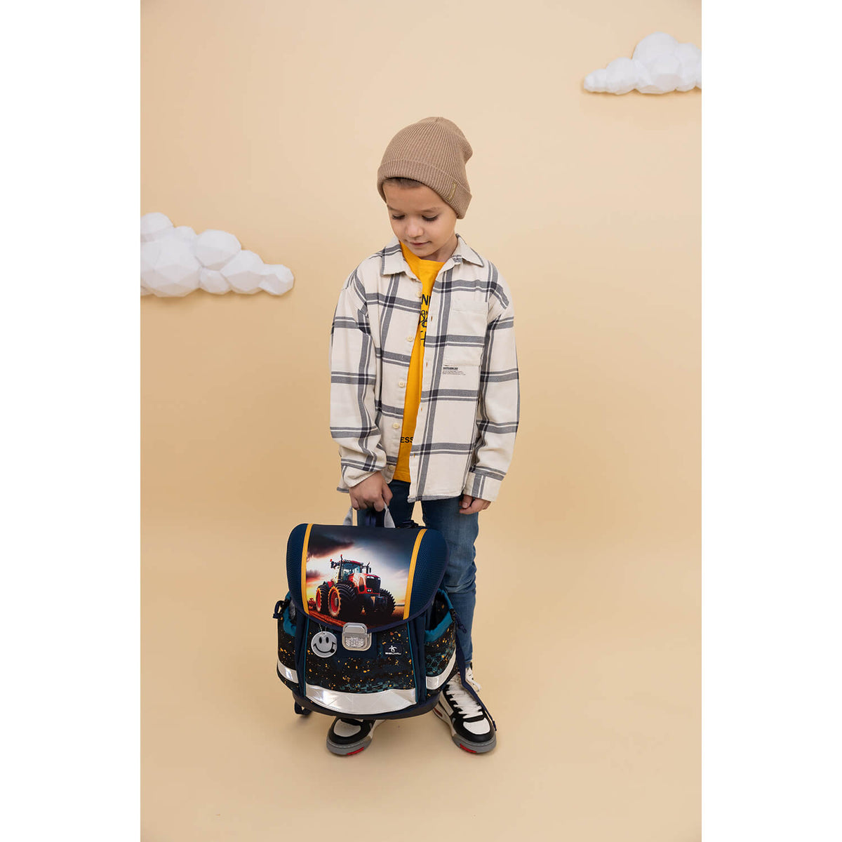 Components of the Ergonomic School Bag Set for Boys– Belmil Classy Tractron (4 pcs) including the drawstring gym bag and pencil cases.