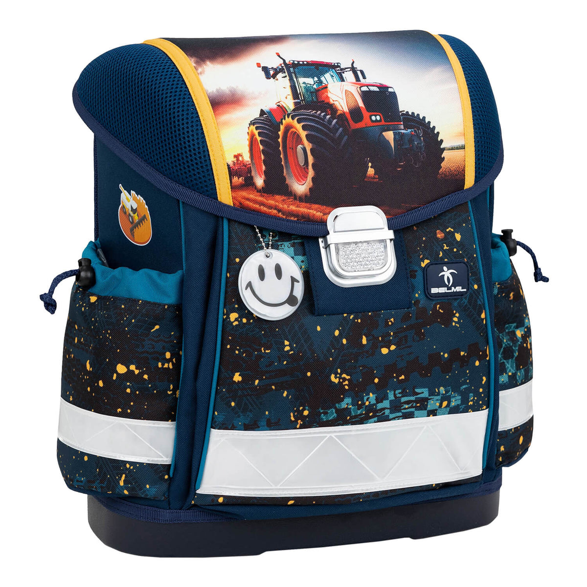 Close-up of the Ergonomic School Bag Set for Boys– Belmil Classy Tractron (4 pcs) showing the reflective elements for safety.