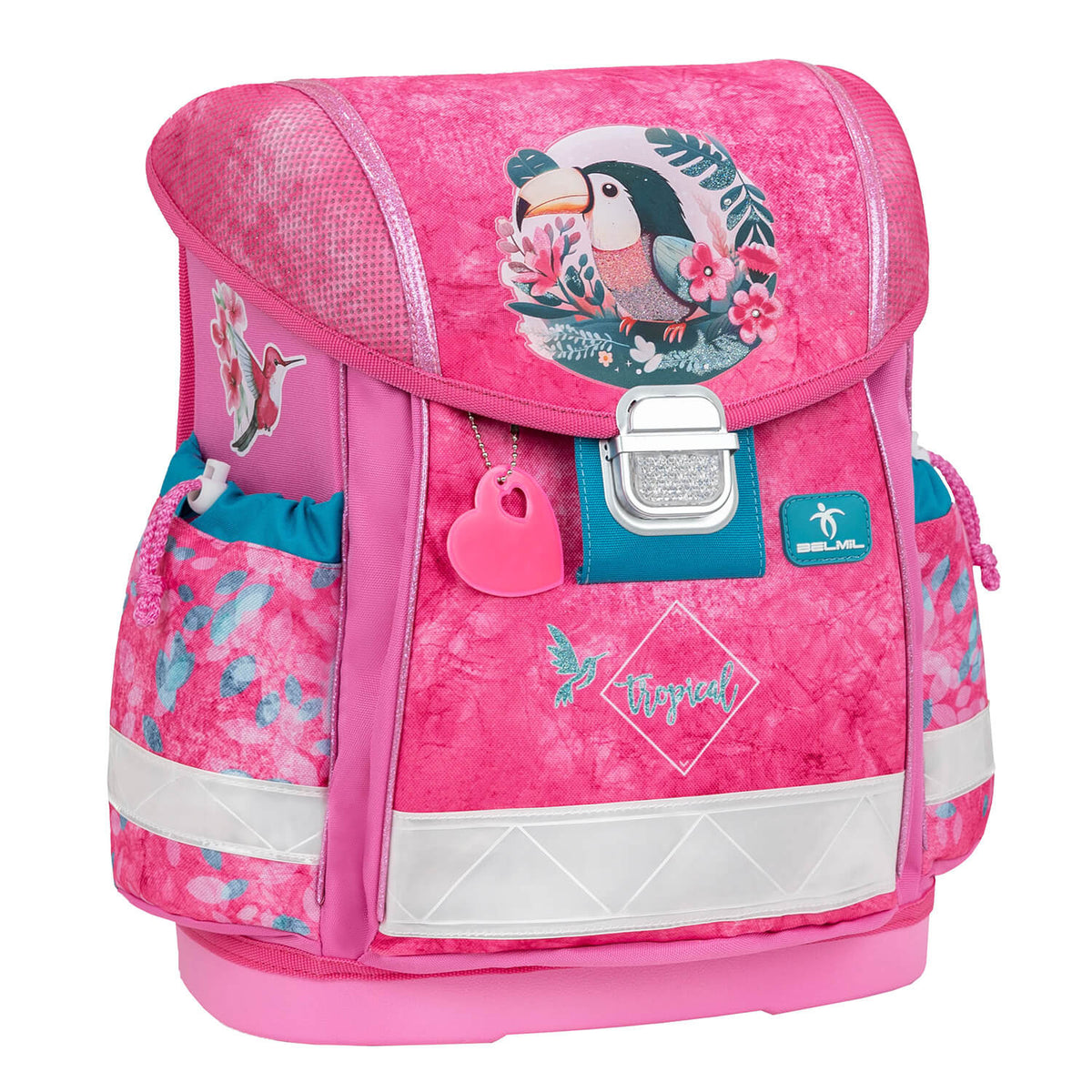 Side view of the Ergonomic School Bag Set for Girls – Belmil Classy Tropical Toucan (4 pcs) showcasing multiple compartments.