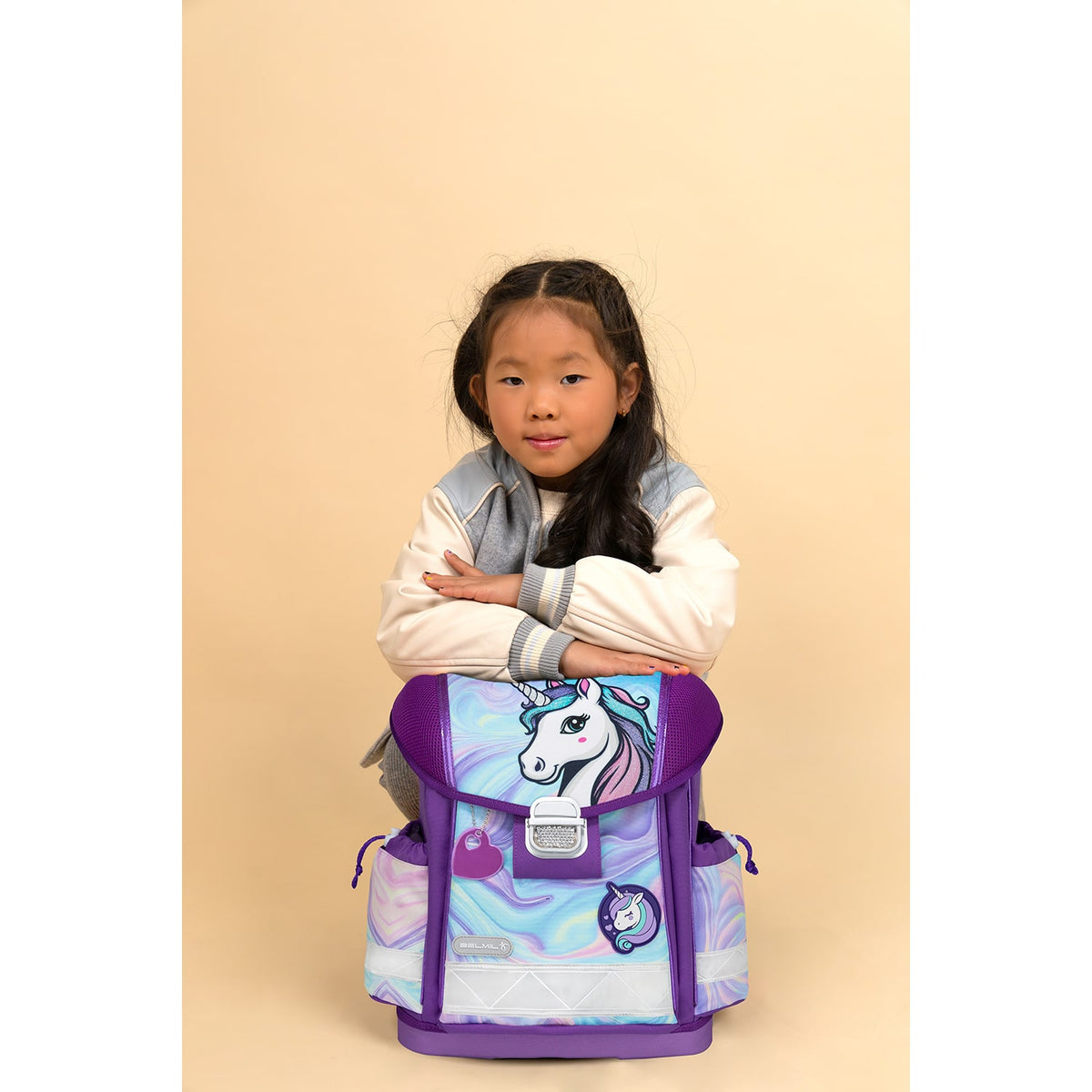 Side view of the Ergonomic School Bag Set for Girls – Belmil Classy Unicorn Dream (4 pcs) displaying spacious compartments and side pockets.