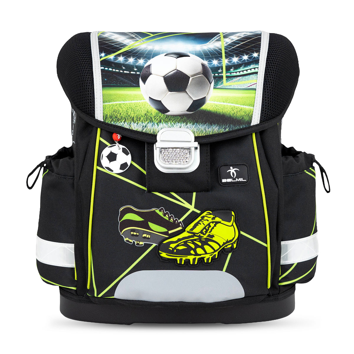 Close-up of the ergonomic design of Belmil Classy Ergonomic School Bag Set for Boys “Champion's Kick” Design + Dinosaur Raincoat – 5-Piece Back-to-School Bundle highlighting its padded straps and breathable back.