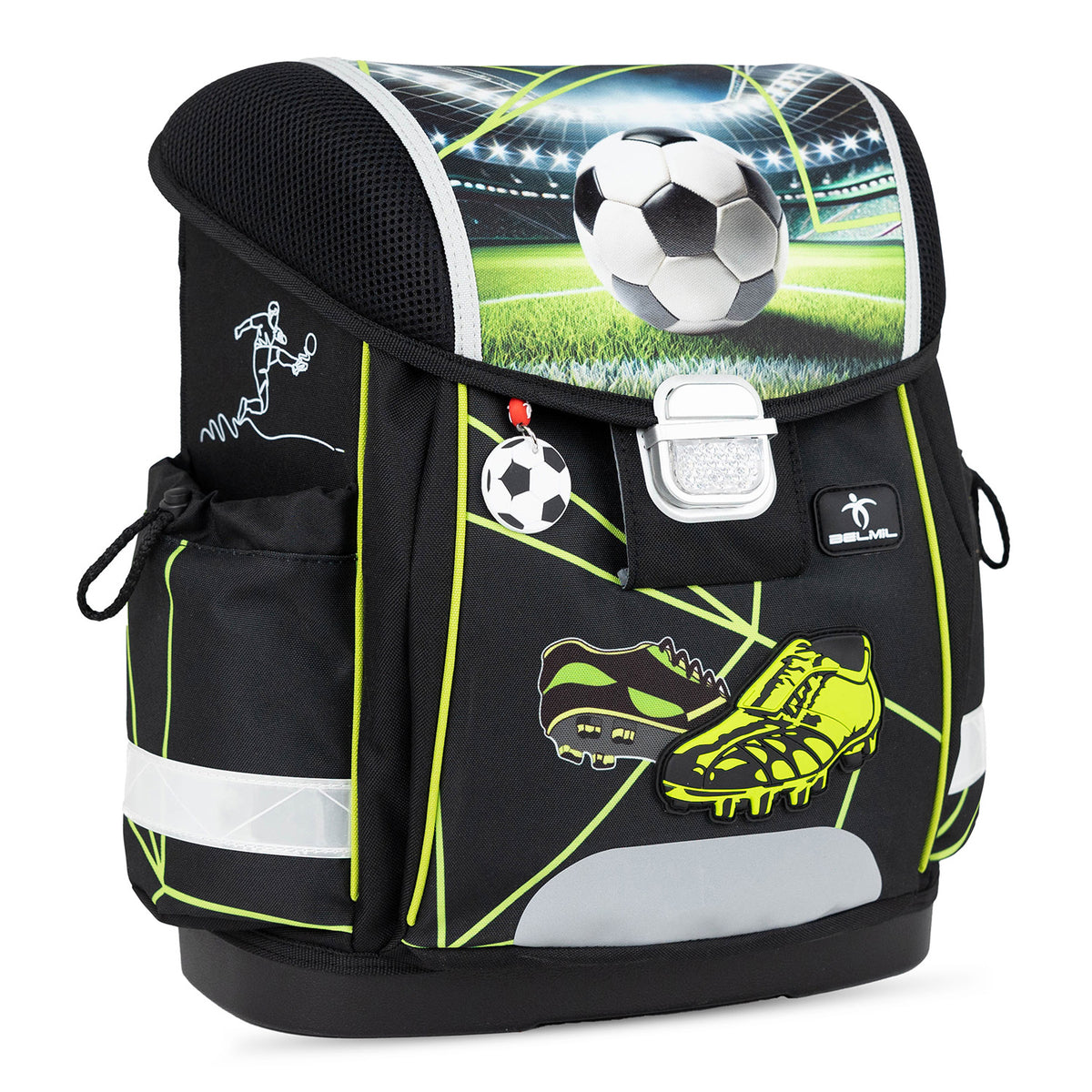 Kids wearing the Belmil Classy Ergonomic School Bag Set for Boys “Champion's Kick” Design + Dinosaur Raincoat – 5-Piece Back-to-School Bundle in a vibrant outdoor setting.