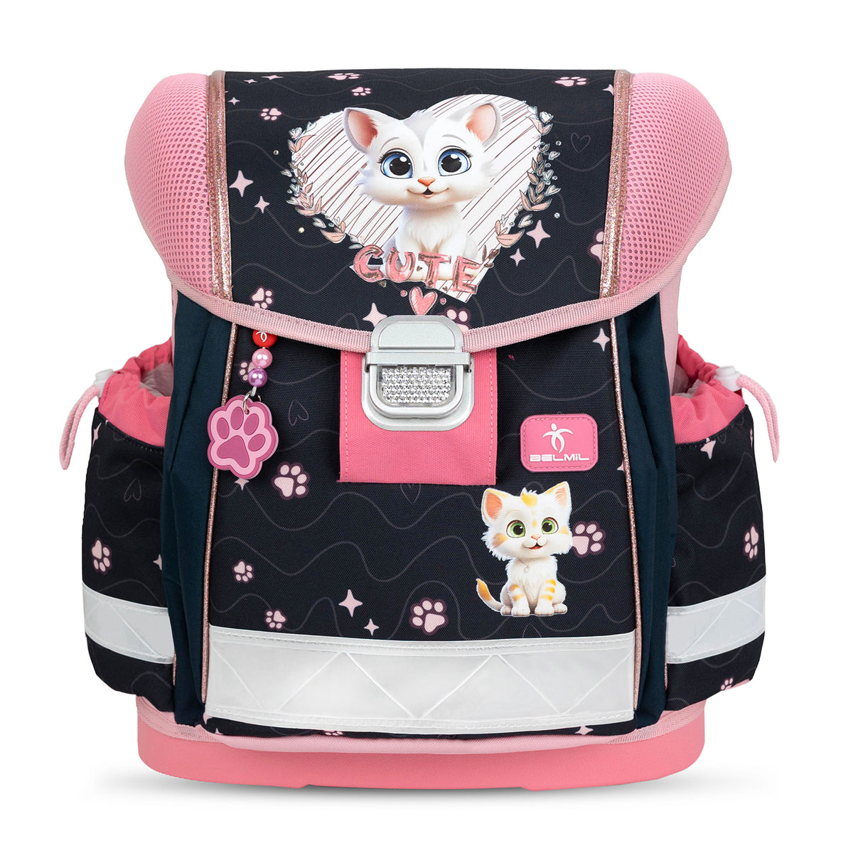 Belmil Classy Ergonomic School Bag Set for Girls “Cute Kitten Pinky” Design + Unicorn Raincoat – 5-Piece Back-to-School Bundle