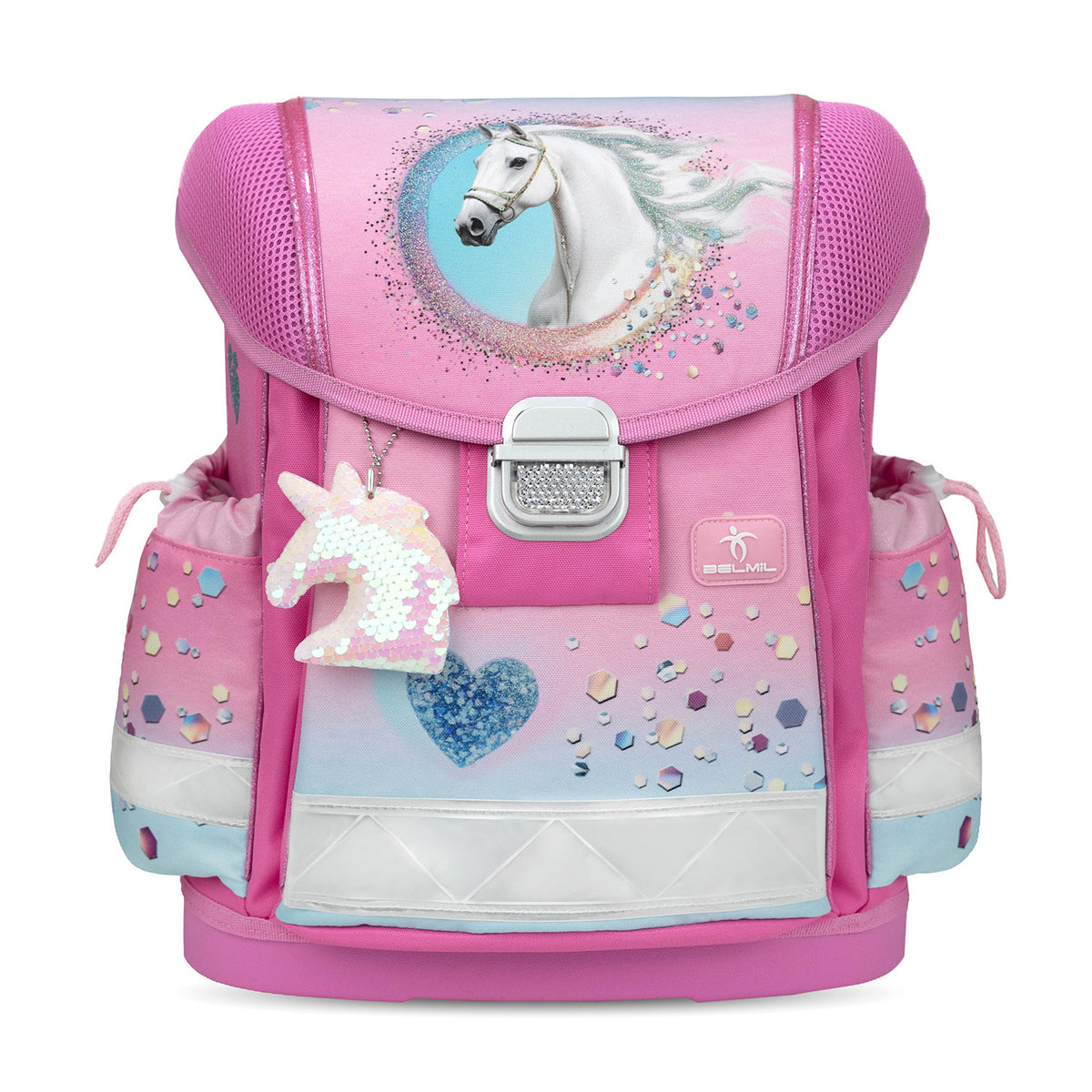 Spacious compartments of the Ergonomic School Bag Set for Girls – Belmil Classy Dream Hooves - Pinky (4 pcs) with multiple pockets for organization.