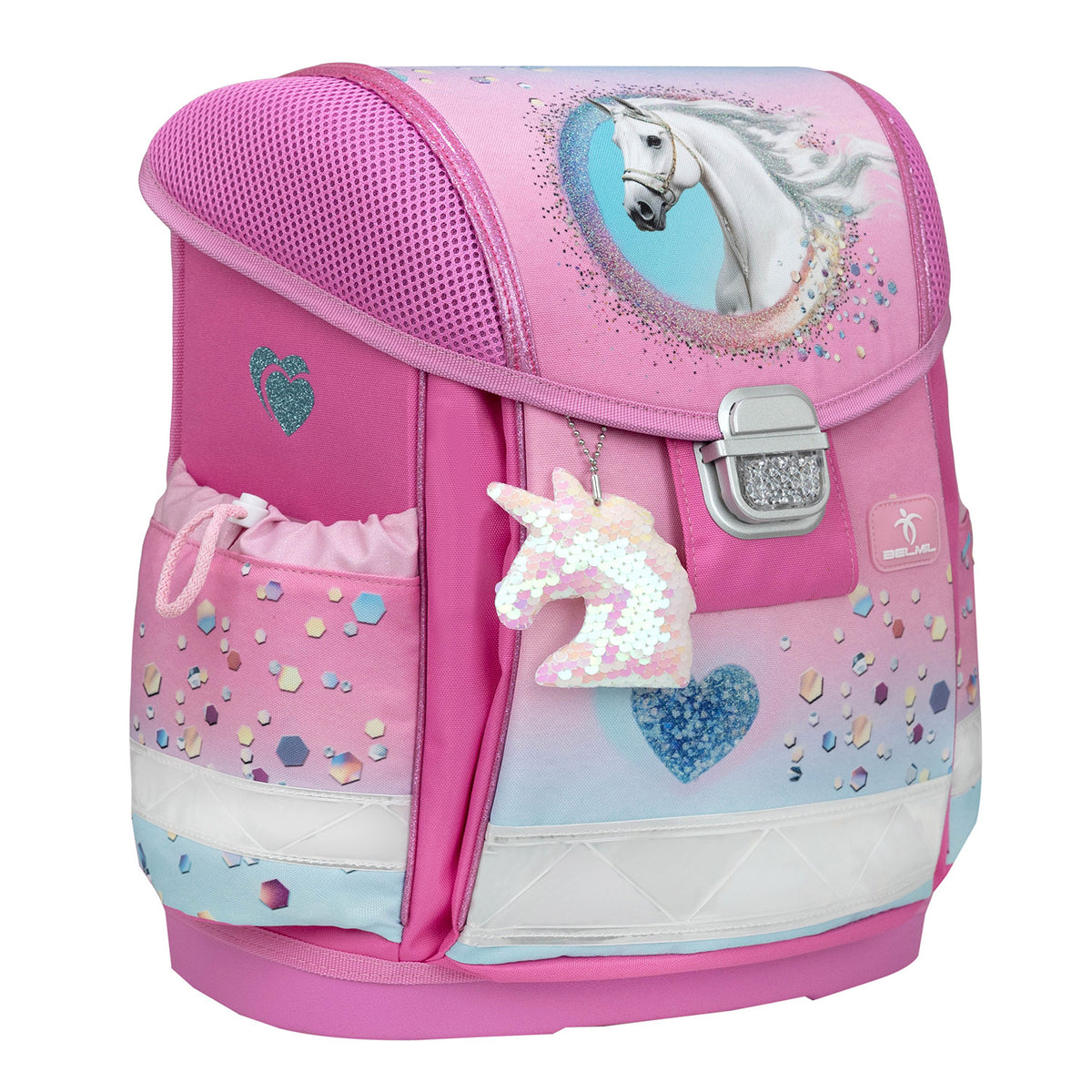 Close-up of the adjustable shoulder straps on the Ergonomic School Bag Set for Girls – Belmil Classy Dream Hooves - Pinky (4 pcs) designed for comfort.