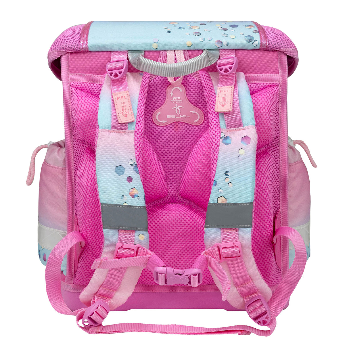 Charming pastel design of the Ergonomic School Bag Set for Girls – Belmil Classy Dream Hooves - Pinky (4 pcs) featuring sparkling gemstones and heart accents.