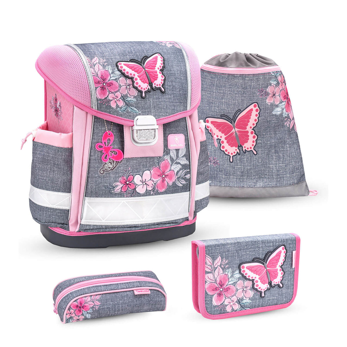 Ergonomic School Bag Set for Girls – Belmil Classy Elegant (4 pcs) shown in a stylish layout with floral motifs.