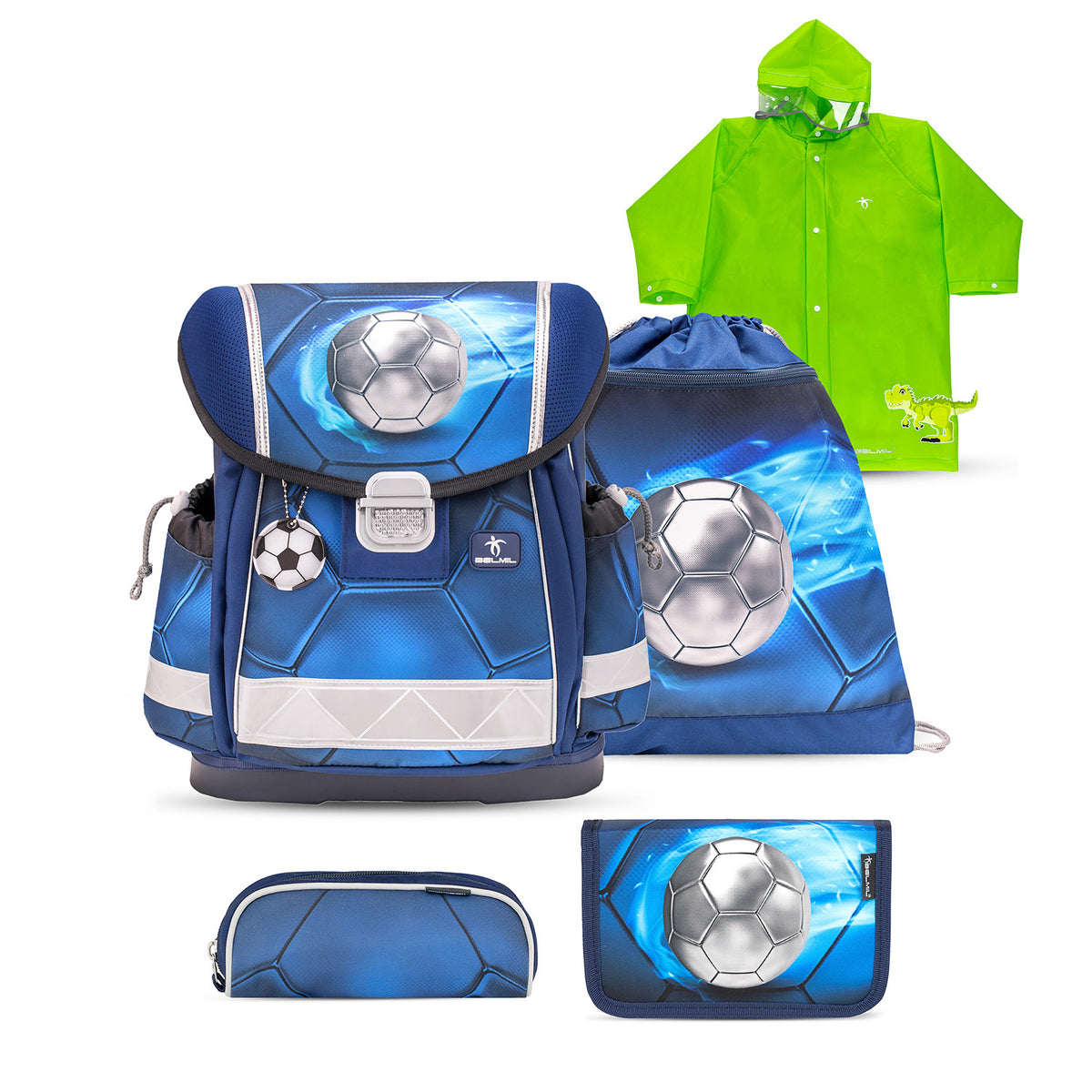 Belmil Classy Ergonomic School Bag Set for Boys “Football 4” Design + Dinosaur Raincoat – 5-Piece Back-to-School Bundle showcasing ergonomic comfort and sporty design.