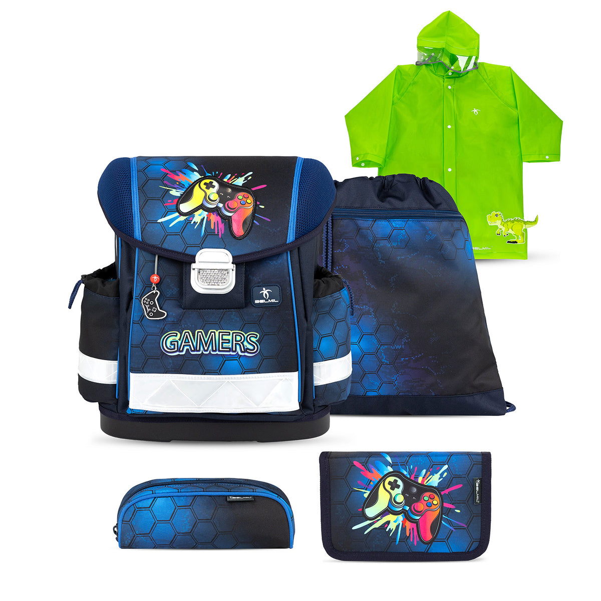 Belmil Classy Ergonomic School Bag Set for Boys “Game On!” Design + Dinosaur Raincoat – 5-Piece Back-to-School Bundle in dark blue with hexagon pattern and vibrant gamer graphics.