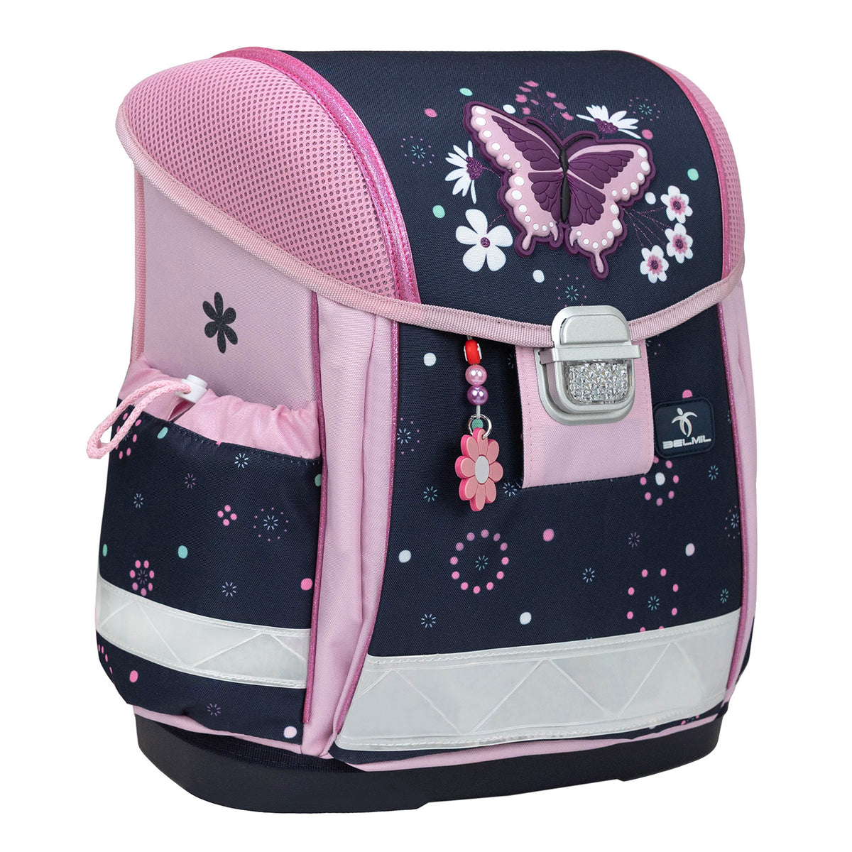 Inside compartments of the Ergonomic School Bag Set for Girls – Belmil Classy Midnight Butterfly (4 pcs) displaying organization features for school supplies.