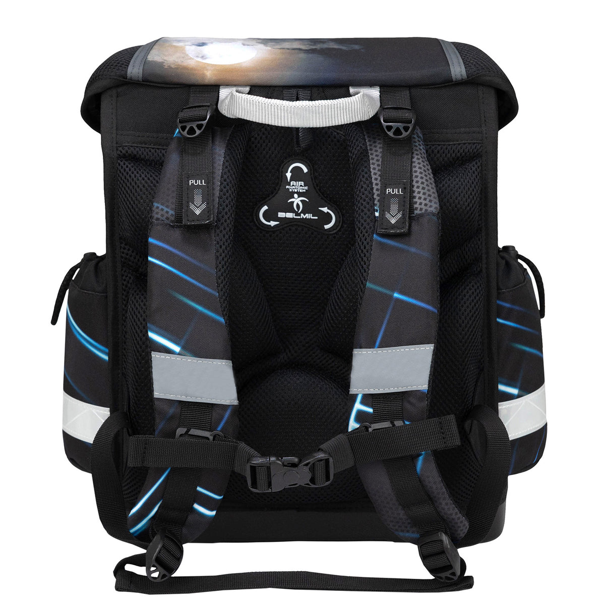 Stylish design of the Ergonomic School Bag Set for Boys– Belmil Classy Midnight Turbo (4 pcs) featuring a neon-blue color scheme.