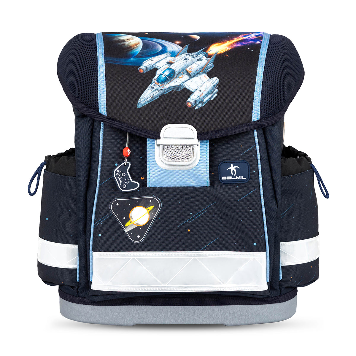 The Ergonomic School Bag Set for Boys– Belmil Classy Orion (4 pcs) includes a round pencil case and a drawstring gym bag, perfect for school.