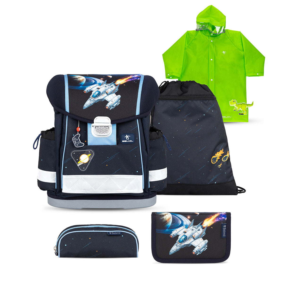 Belmil Classy Ergonomic School Bag Set for Boys “Orion” Design + Dinosaur Raincoat – 5-Piece Back-to-School Bundle showcasing a stylish dark blue school bag with space-themed graphics.