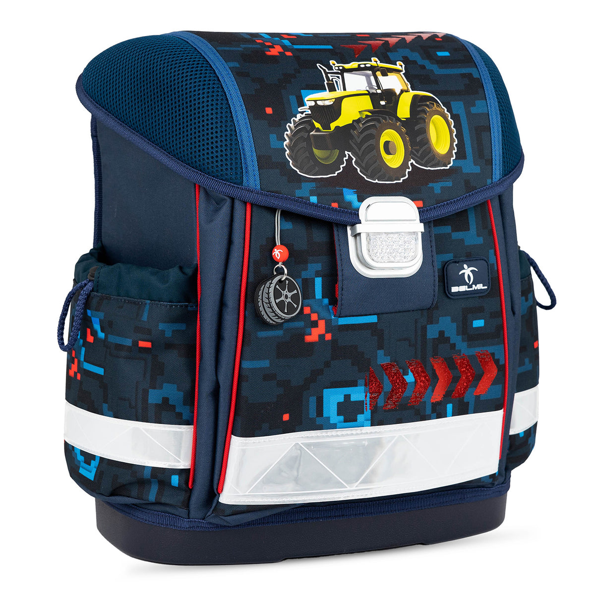 Close-up of the ergonomic design of the Belmil Classy Ergonomic School Bag Set for Boys “PixelTrak” Design + Dinosaur Raincoat – 5-Piece Back-to-School Bundle.