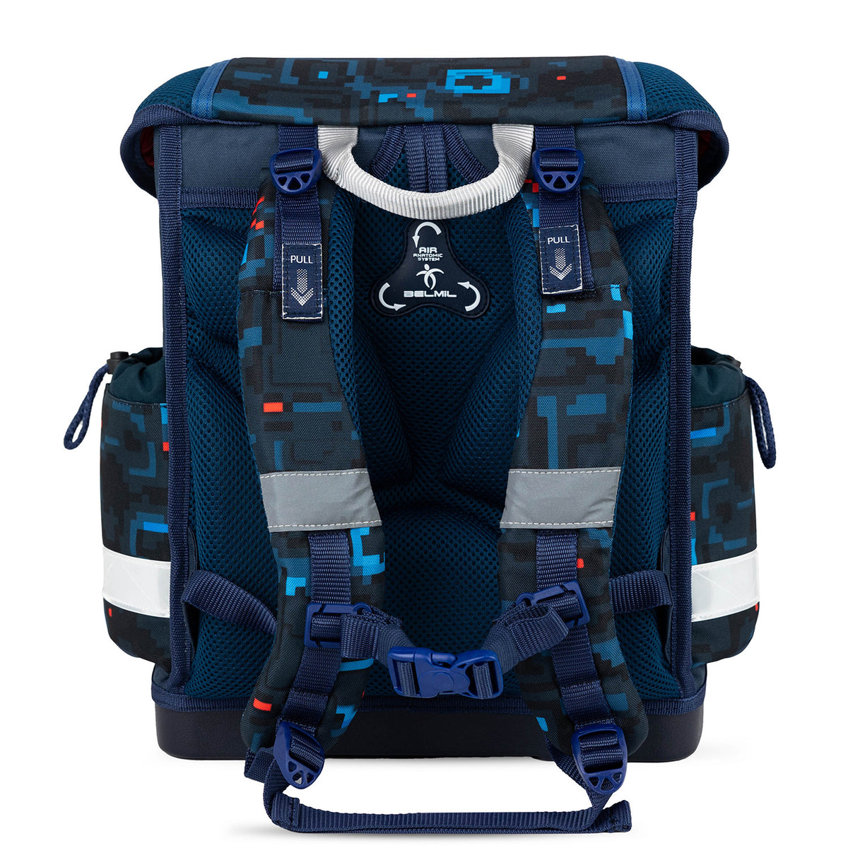 Ergonomic padded shoulder straps of the Belmil Classy Ergonomic School Bag Set for Boys “PixelTrak” Design + Dinosaur Raincoat – 5-Piece Back-to-School Bundle.