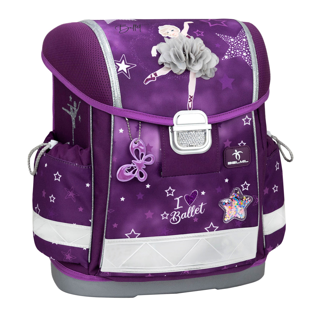 Ergonomic School Bag Set for Girls – Belmil Classy Prima Star (4 pcs) showcasing the pink drawstring gym bag adorned with ballet motifs.