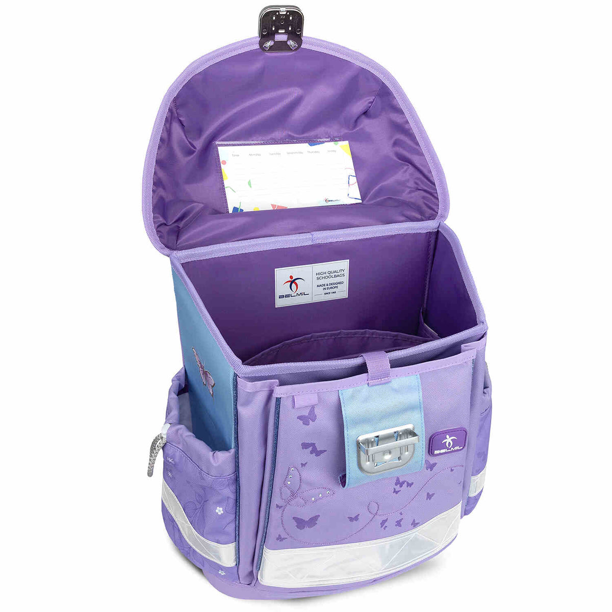 Showcasing the reflective buckle of the Classy Purple Blue Butterfly schoolbag set 4 pcs - Ergonomic School Bag Set for Girls – Belmil.
