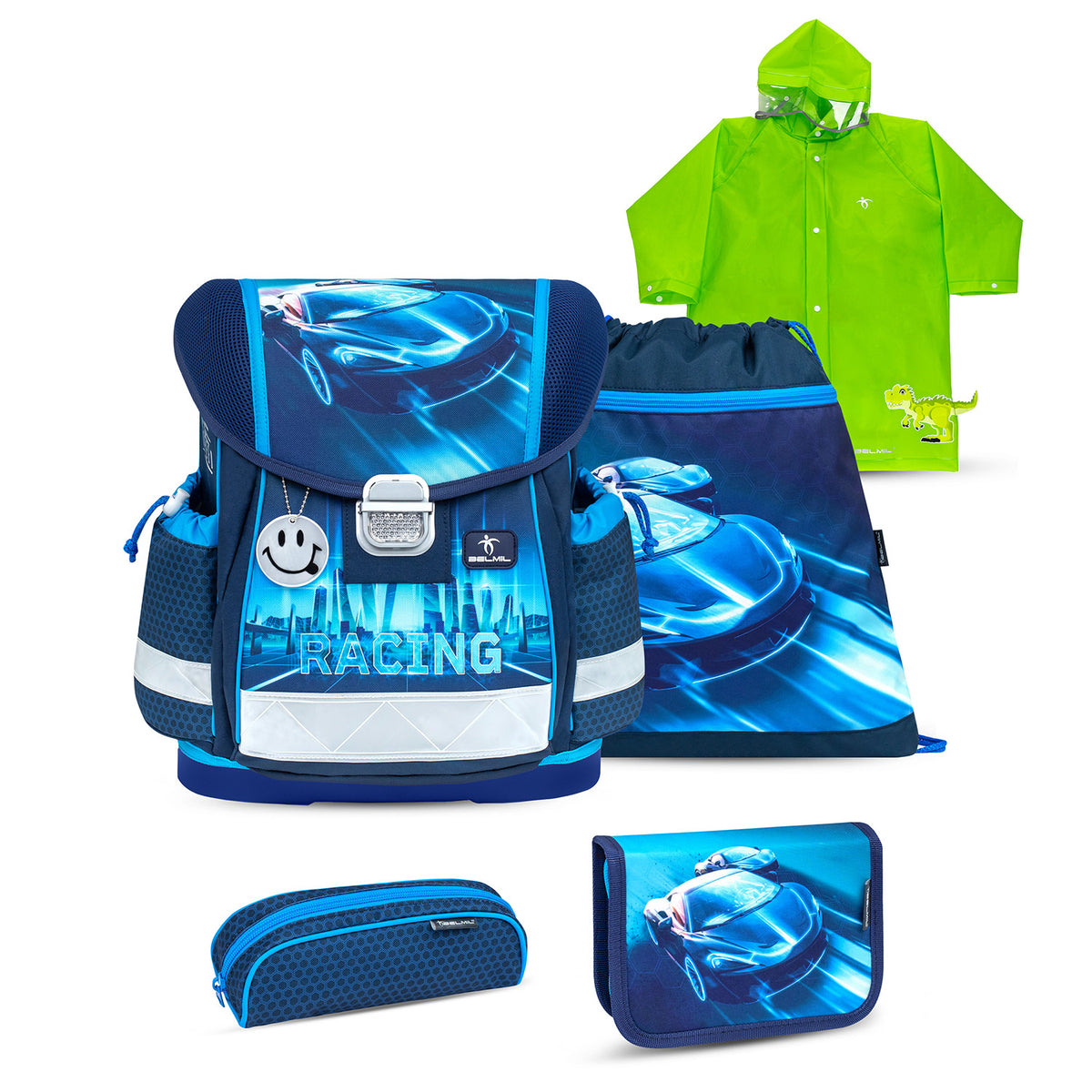 Stylish and functional Belmil Classy Ergonomic School Bag Set for Boys “Racing Blue Neon” Design + Dinosaur Raincoat – 5-Piece Back-to-School Bundle displayed on a table.