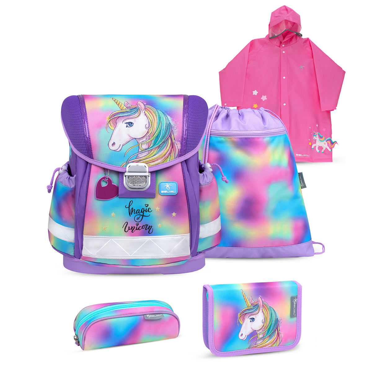Belmil Classy Ergonomic School Bag Set for Girls “Rainbow Color” Design + Unicorn Raincoat – 4-Piece Back-to-School Bundle with ergonomic features and stylish design. Perfect for young students.