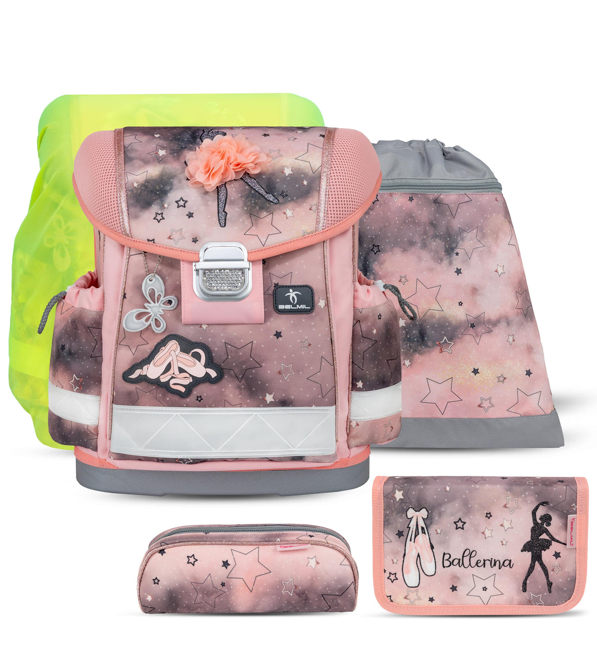 The Ergonomic School Bag Set for Girls – Belmil Classy Rose Ballet (5 pcs) featuring a stylish design with ballet-themed motifs.