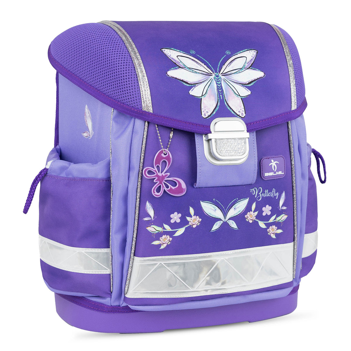 Detailed view of the Ergonomic School Bag Set for Girls – Belmil Classy Starlight Wings (4 pcs) showing the shiny purple color and beautiful butterfly motifs.