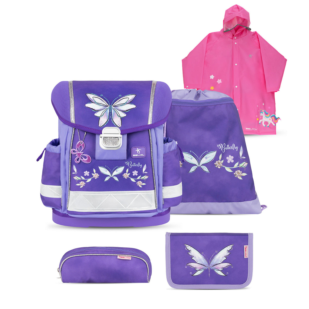 Belmil Classy Ergonomic School Bag Set for Girls “Starlight Wings” Design + Unicorn Raincoat – 4-Piece Back-to-School Bundle, featuring the stylish purple and lavender school bag with butterfly design.