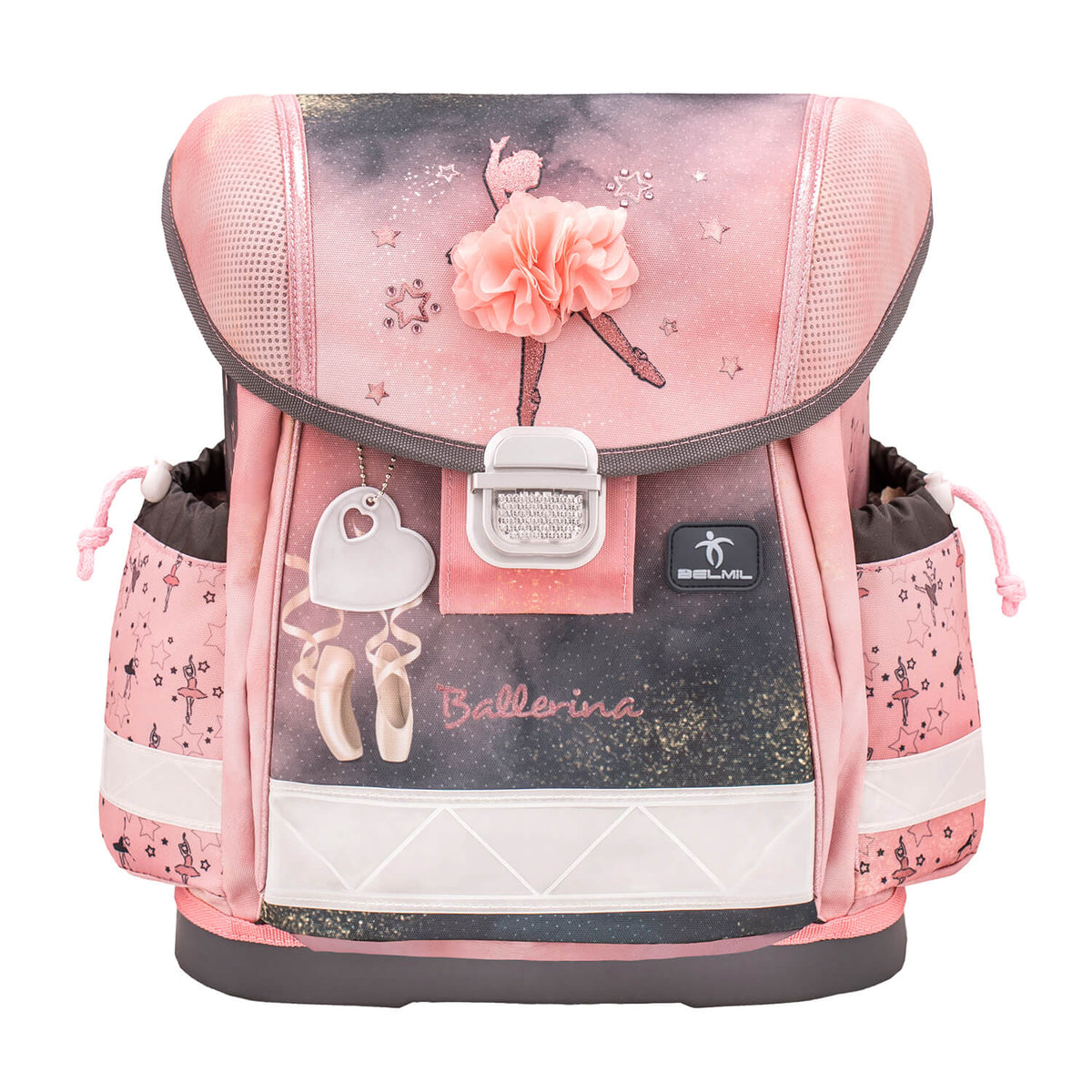 The full set of the Belmil Ergonomic School Bag Set for Girls “Ballerina Black Pink” Design + Unicorn Raincoat – 4-Piece Back-to-School Bundle laid out to display all items.