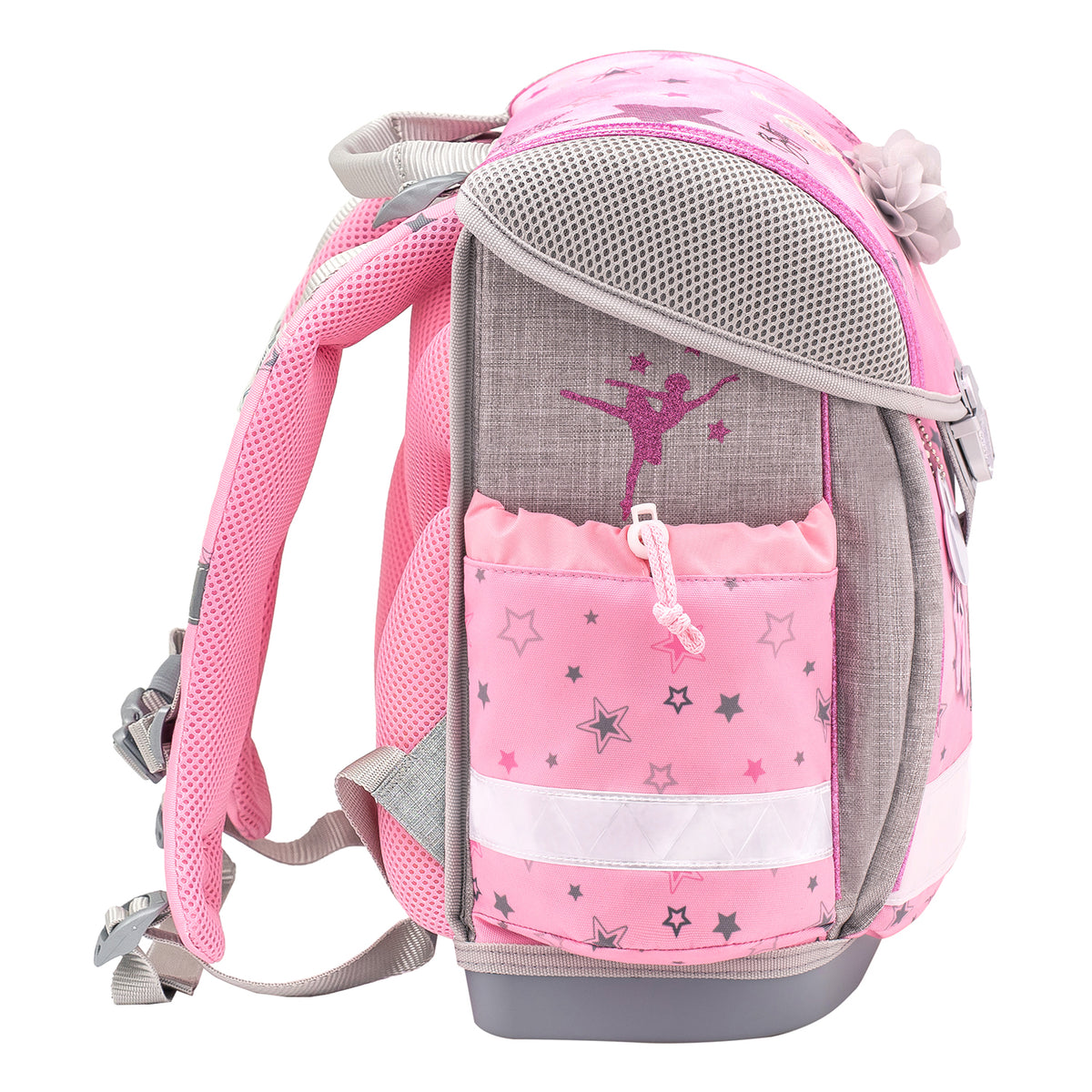 Close-up of the comfortable padded straps on the Belmil Classy Ergonomic School Bag Set for Girls “Ballet Light Pink” Design + Unicorn Raincoat – 5-Piece Back-to-School Bundle.