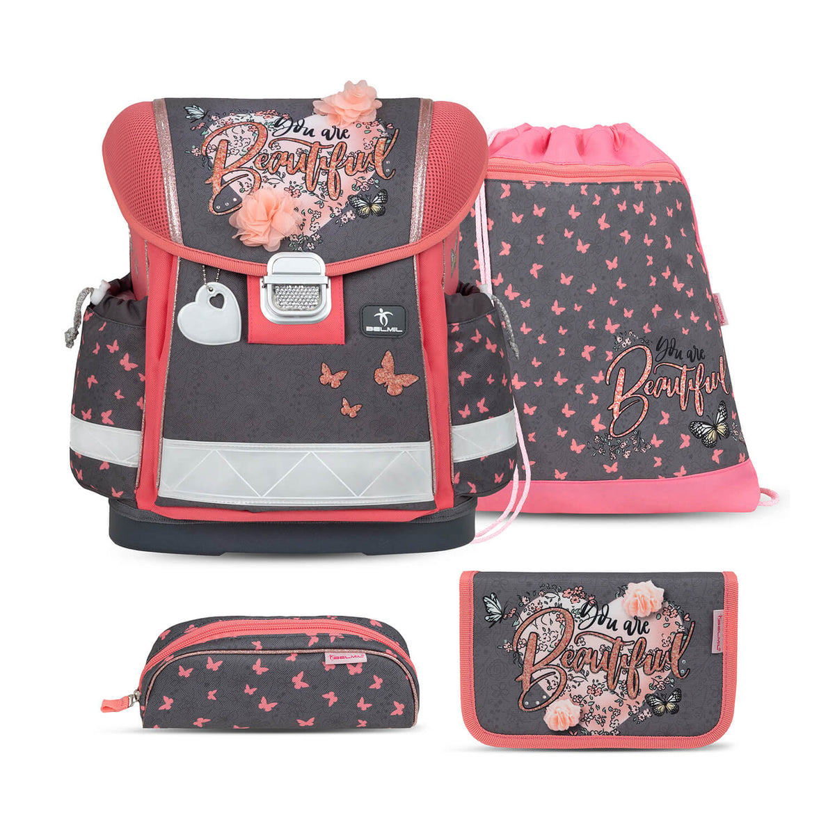 Ergonomic School Bag Set for Girls – Belmil Classy Bloomy Blossom (4 pcs) showcasing the elegant floral design.