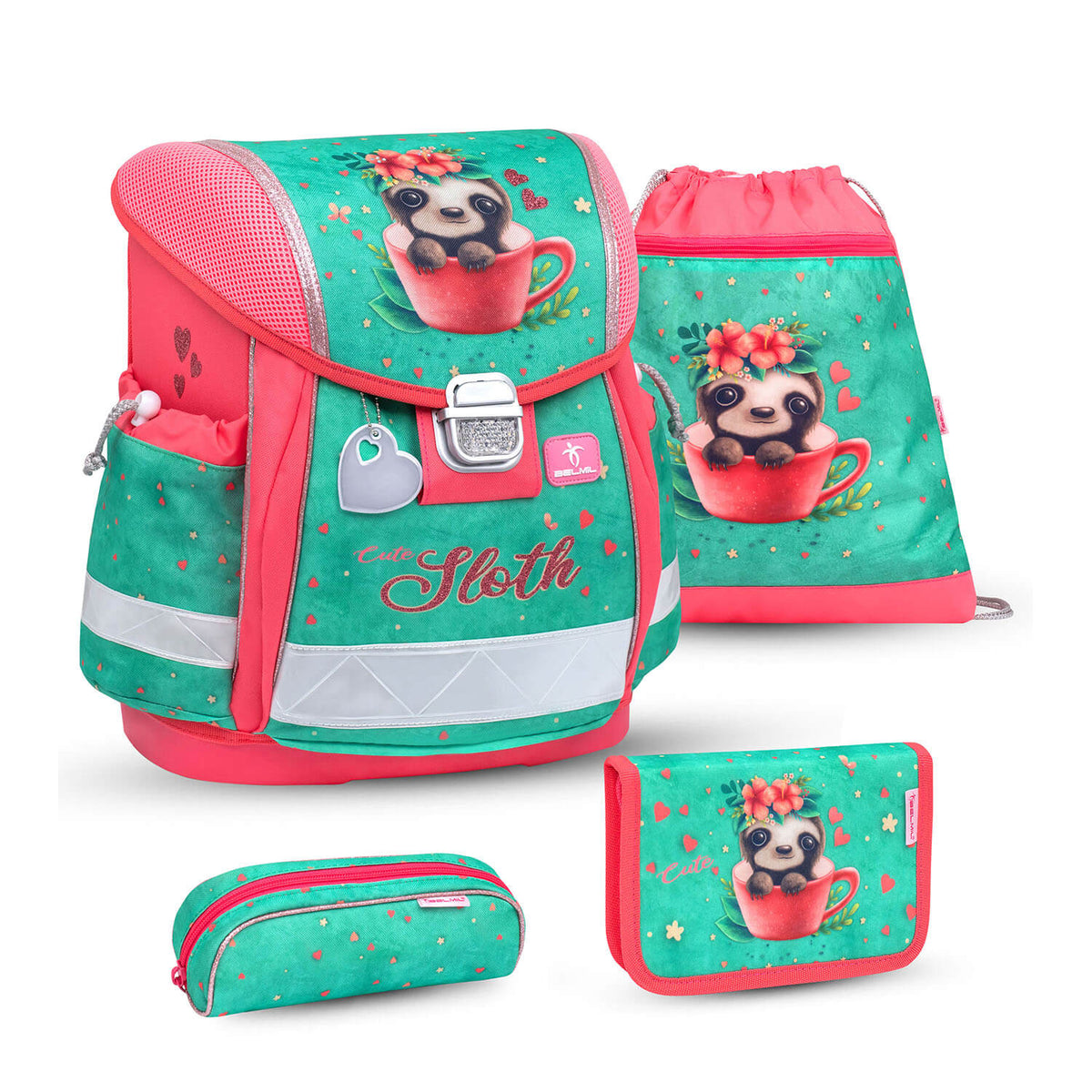 Belmil Classy Cute Sloth Ergonomic School Bag Set for Girls – showcasing ergonomic design and reflective safety elements.