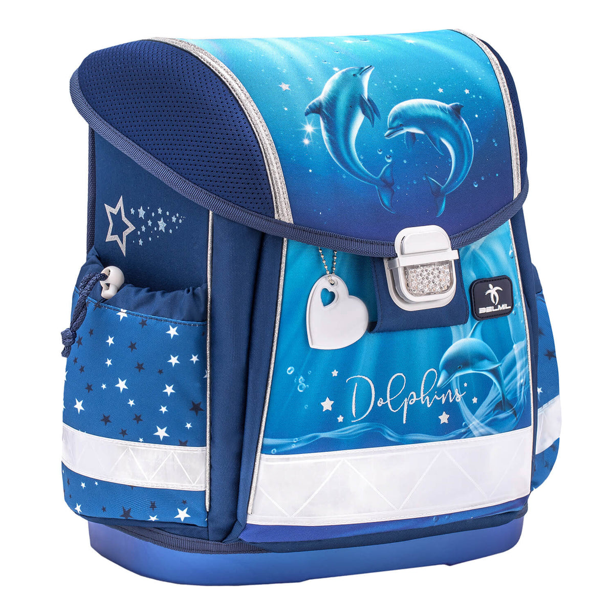 Four-piece Belmil Classy Dolphins schoolbag set showcasing the removable chest strap and lightweight design, ideal for young girls.
