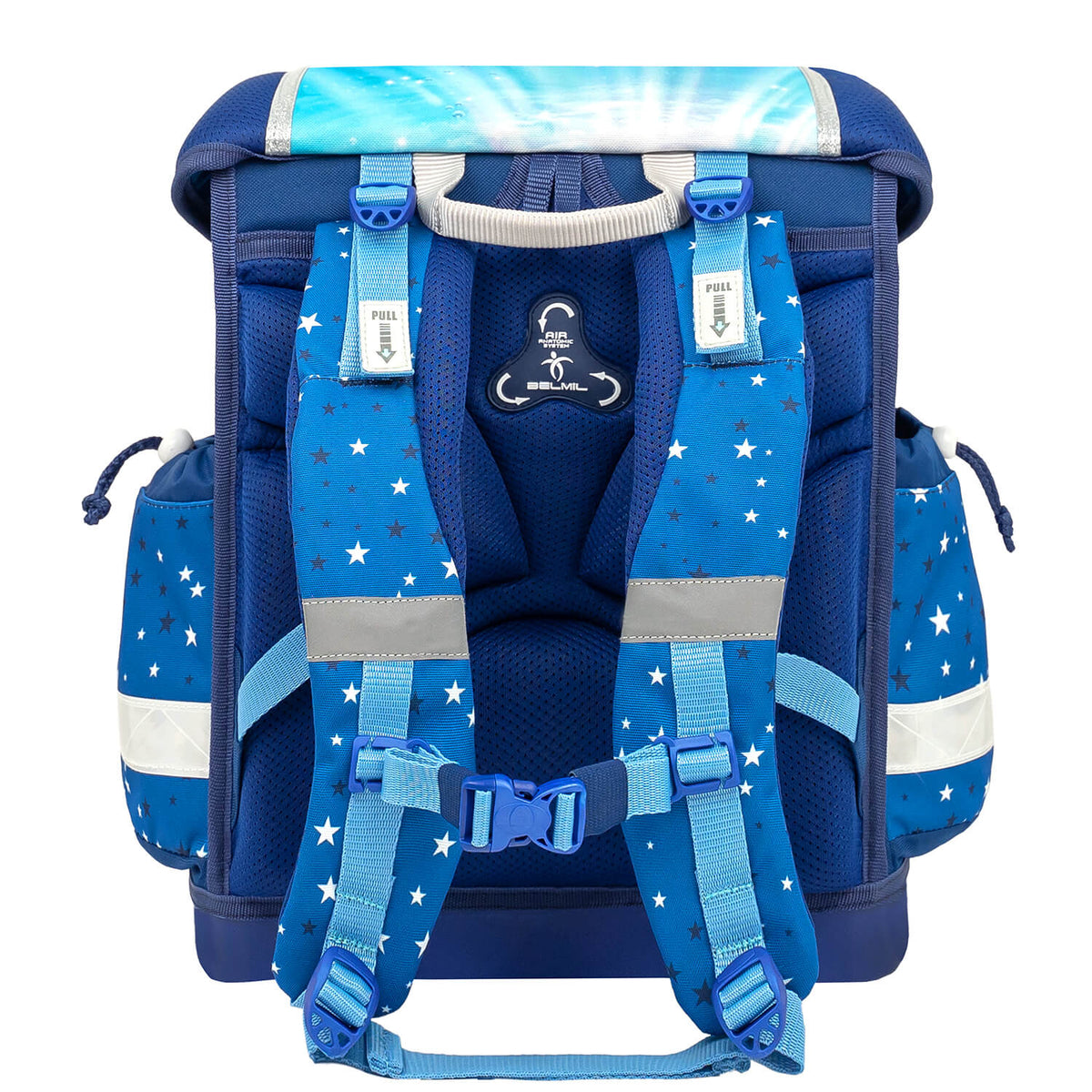 Lightweight Belmil Classy Dolphins schoolbag set 4 pcs with reflective buckle, designed for girls and endorsed by the German AGR Institute.