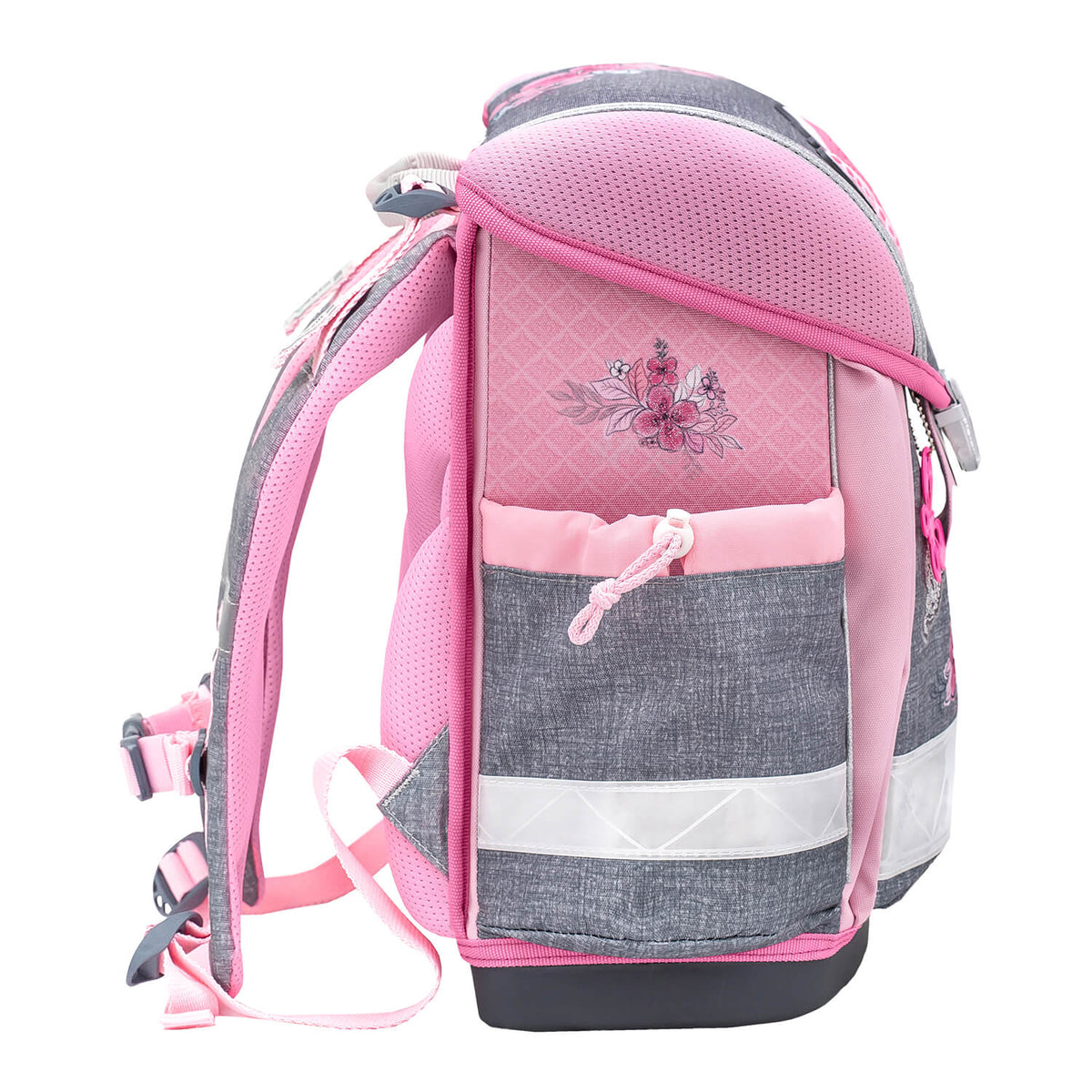 Side view of the Ergonomic School Bag Set for Girls – Belmil Classy Elegant (4 pcs) illustrating multiple compartments.