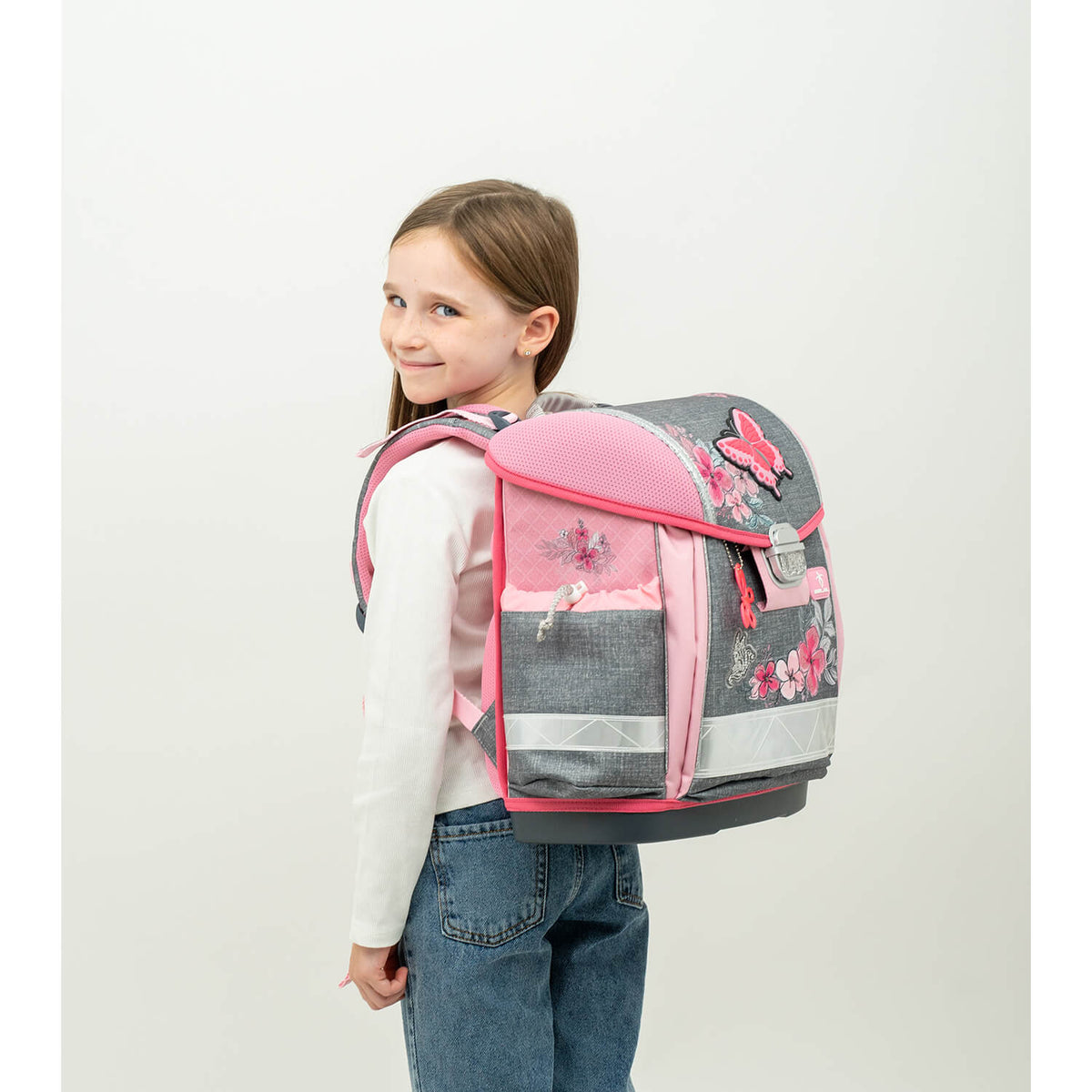 Close-up of the Ergonomic School Bag Set for Girls – Belmil Classy Elegant (4 pcs) showcasing the vibrant pink butterfly design.