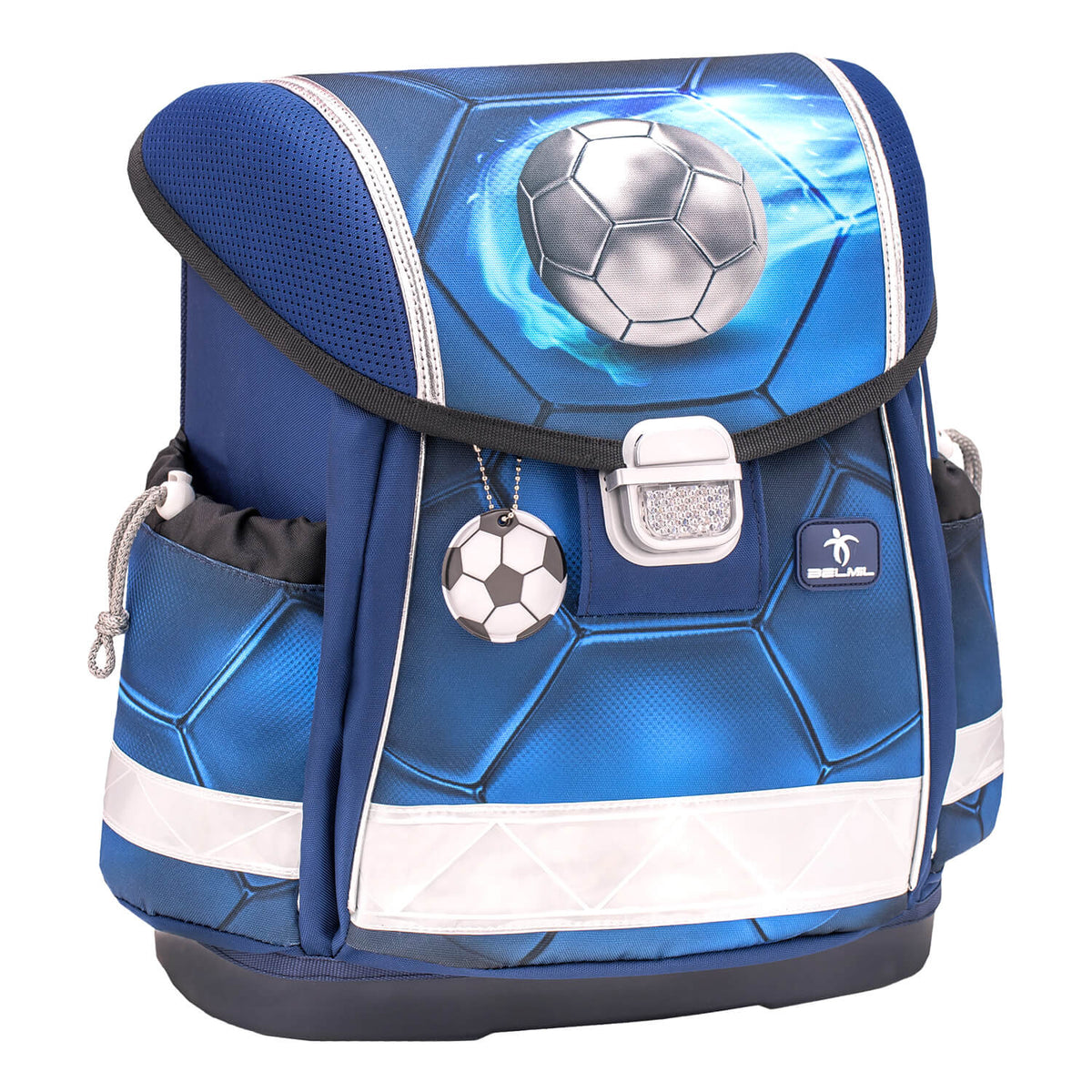 Ergonomic School Bag Set for Boys– Belmil Classy Football 4 (4 pcs) displayed with the included drawstring gym bag.